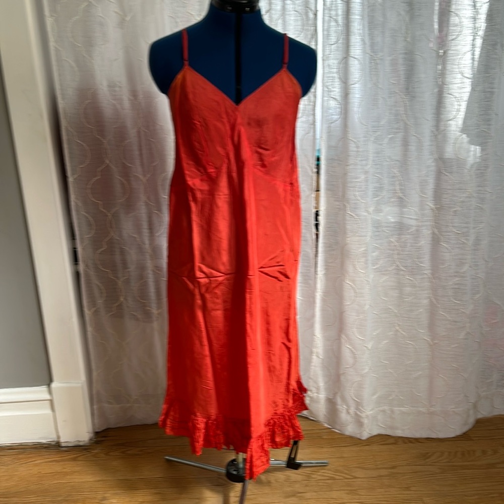 Hand Dyed Vintage Slip Dress Orange Red Color Retro Silky Ruffle 44 L M